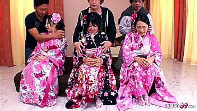 Rare Japanese Orgy with three cute JAV Teens with Hairy Pussy