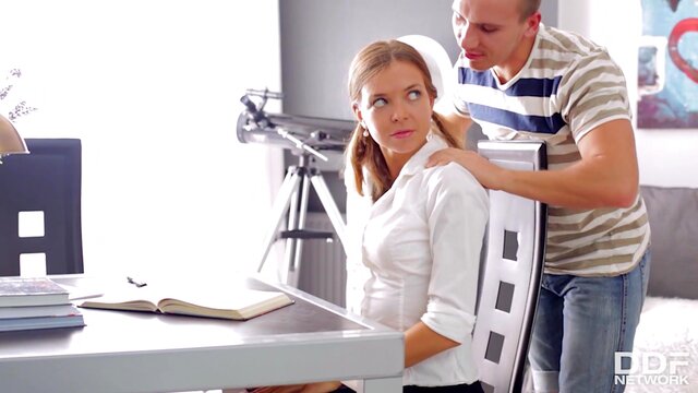 Horny Russian teen Carre bends over her desk to get banged from behind