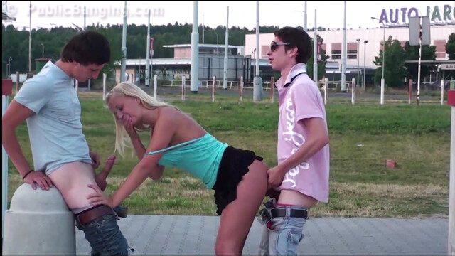 Cute blonde teen girl public gang bang orgy threesome with 2 teen guys