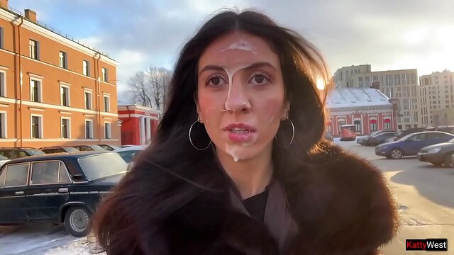 Stranger's Hot Load Dripping On Naughty Girl's Face During Public Cumwalk