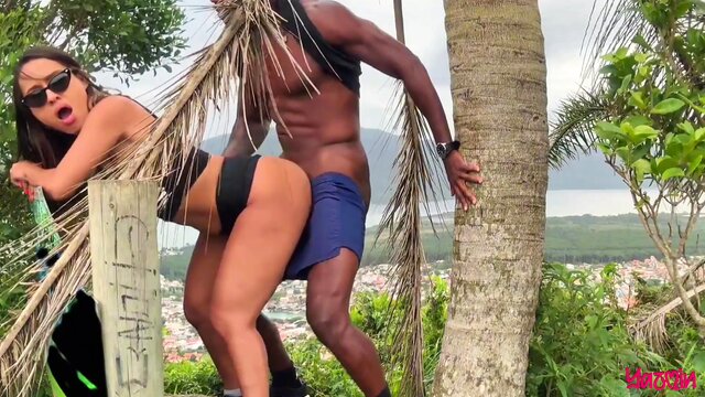 Horny Couple Fucks Hard Outdoors and Cums Violently in Sheer Red Lingerie