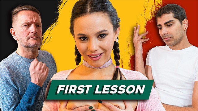 Older man showing young girlfriend the ropes in his apartment