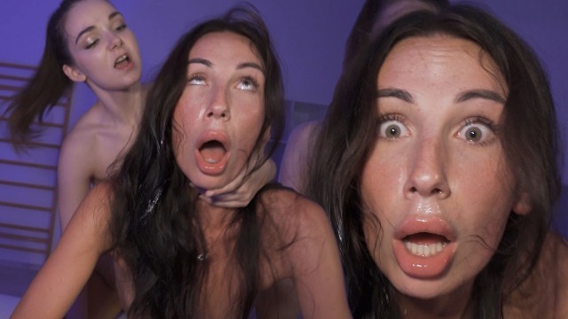 Horny teen sluts trying pegging threesome for first time